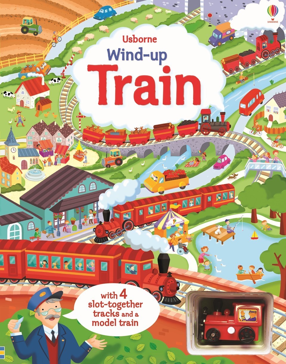 Wind-up train book with slot-together tracks